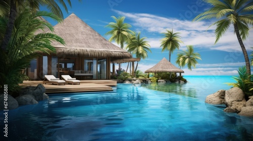 Blue water swimming pool and bungalows. Magnificent Maldivian Villa. Бассейн и бунгало, Мальдивы