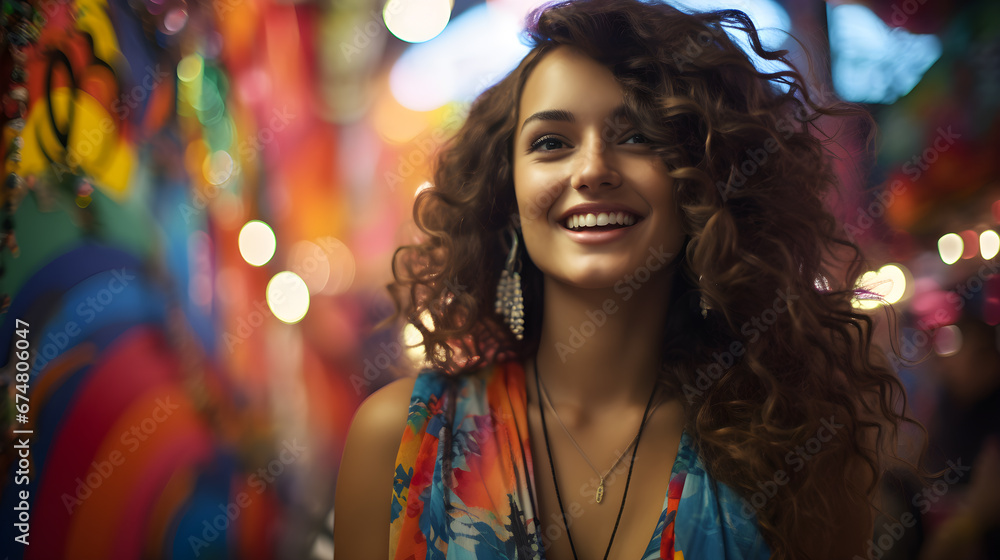 Ritmo y Color: La Chica Latina que Enciende la Noche con Glamour mujer latina cabello rizado en color negro, vintage retro Ritmo y Color: La Chica Latina que Enciende la Noche con Glamour mujer latina cabello rizado en color negro, vintage retro