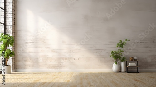 Abstract empty white interior with brick wall and concrete floor