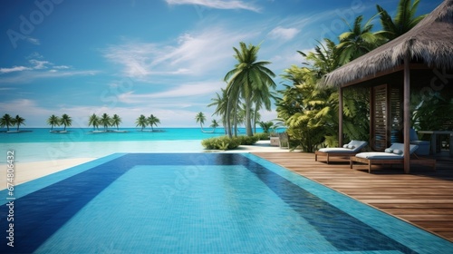 Blue water swimming pool and bungalows. Magnificent Maldivian Villa. Бассейн и бунгало, Мальдивы © HN Works