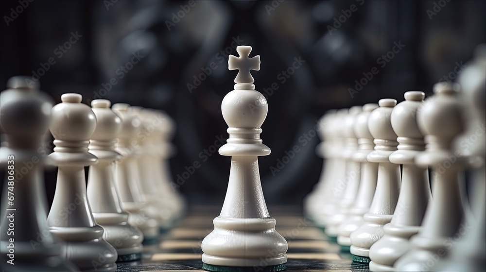 The white pawn in the crown with his team of other pawns. Concept: teamwork, leader, self-belief, business, entrepreneurship, success, motivation, ambition, leadership, victory, strategy The white pawn in the crown with his team of other pawns. Concept: teamwork, leader, self-belief, business, entrepreneurship, success, motivation, ambition, leadership, victory, strategy
