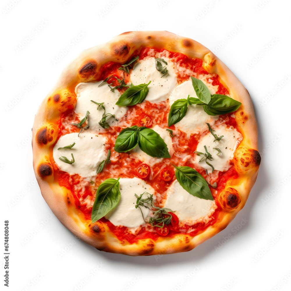 Top view on Margherita pizza on white background.