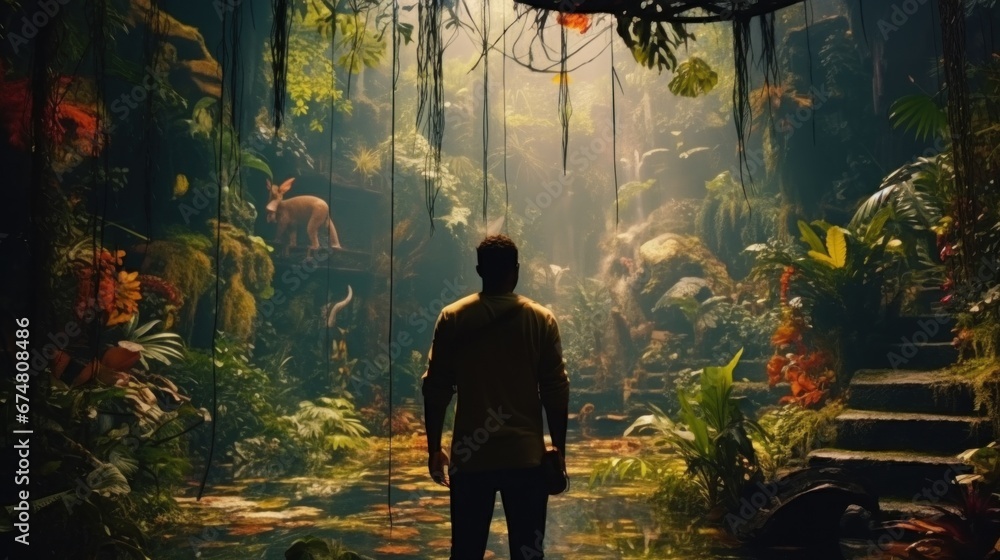 A man standing in the middle of a jungle A man standing in the middle of a jungle