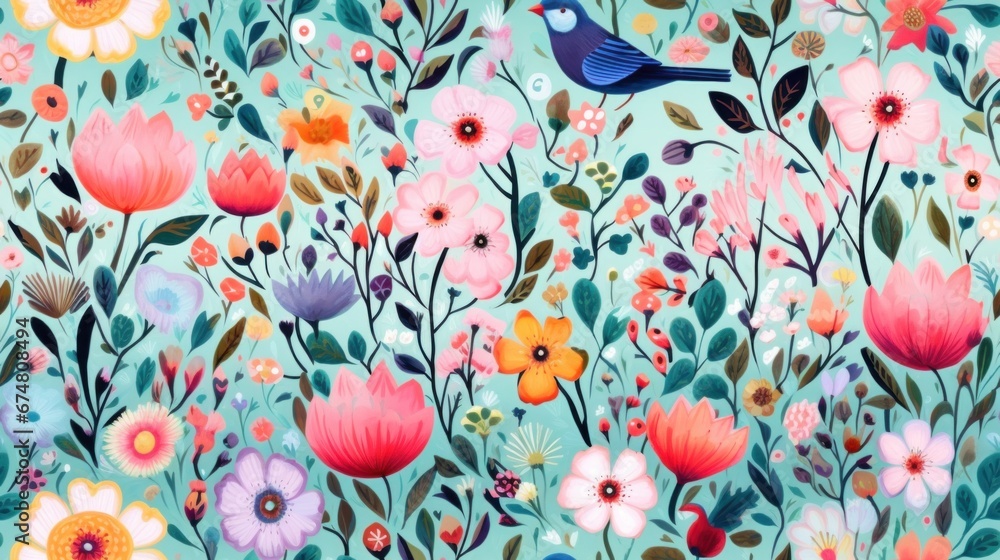 A blue bird sitting on top of a colorful flower field