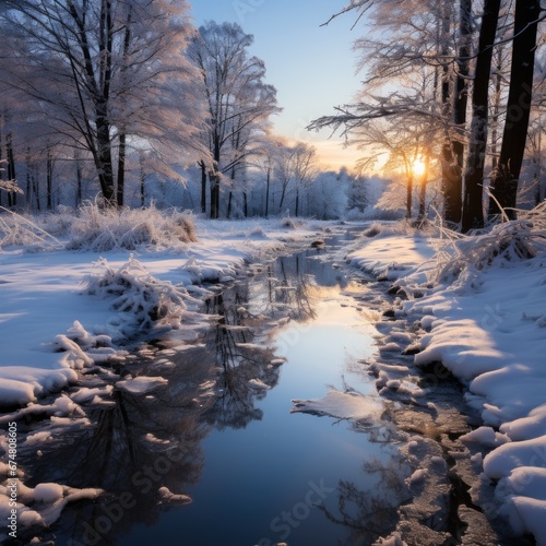 A stream running through a snow covered forest