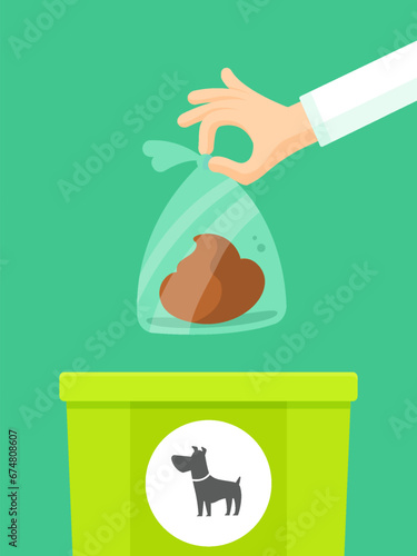 Human hand throwing bag with dog poop into a dog waste bin vector flat illustration