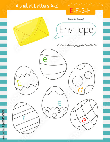 Letter Trace, find and color Worksheet for Kids Activity Book. For Letter E. Preschool activities for toddler and teacher. Vector printable page for Exercise book. Cute characters – Envelope.