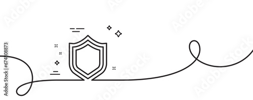 Shield line icon. Continuous one line with curl. Protection or Security sign. Defence or Guard symbol. Security single outline ribbon. Loop curve pattern. Vector