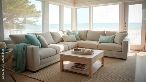 Living room decor, home interior design . Coastal Contemporary style with Ocean View decorated with Linen and Wood material . Generative AI AIG26.