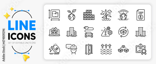 Greenhouse, Evaporation and Windmill line icons set for app include Floor plan, Energy price, Buildings outline thin icon. Certificate, Open door, Foreman pictogram icon. Warning. Vector