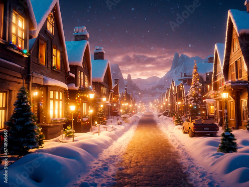 Winter city Christmas landscape. A snowy evening street in a small town shines with festive lights photo