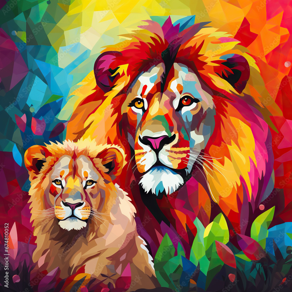  colorful background with a family of lions