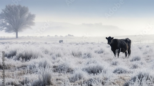 A beautiful contrast of a Black Angus Cow grazing in a white frosted field on a foggy wintry morning in open range country Idaho photo