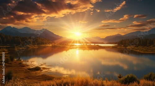 A beautiful golden sun setting over the distant mountains sending shining rays of yellow light over a quiet little country lake