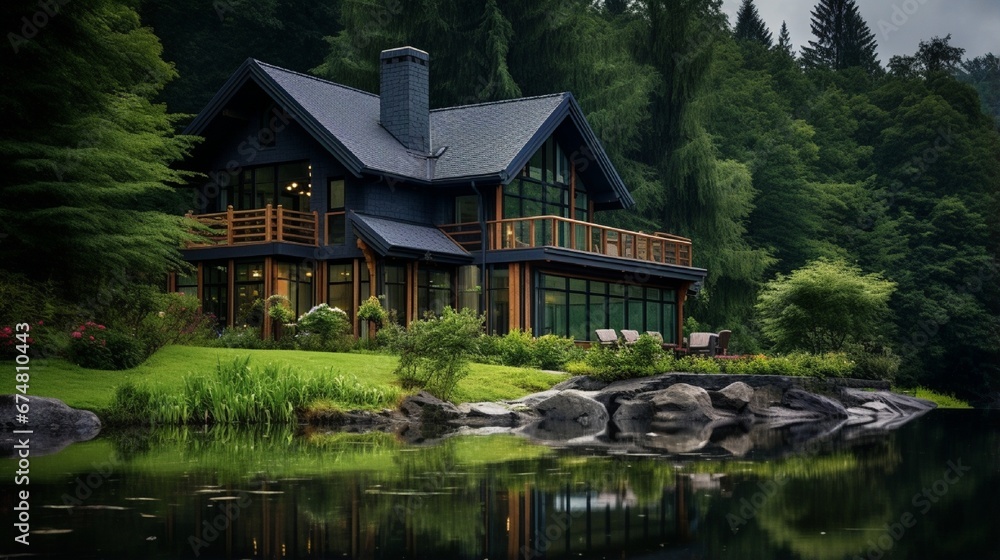 A beautiful luxury house at the bank of river in green mountains