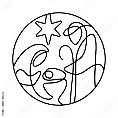 Christmas Vector Christian icon baby Jesus with Joseph and Mary and star. Religious Nativity Scene of round Logo illustration sketch. Doodle hand drawn with black lines isolated on white background