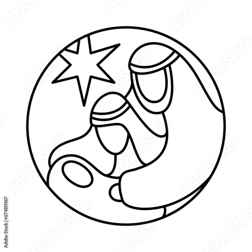 Christmas Vector Christian icon baby Jesus with Joseph and Mary and star. Religious Nativity Scene of round Logo illustration sketch. Doodle hand drawn with black lines isolated on white background