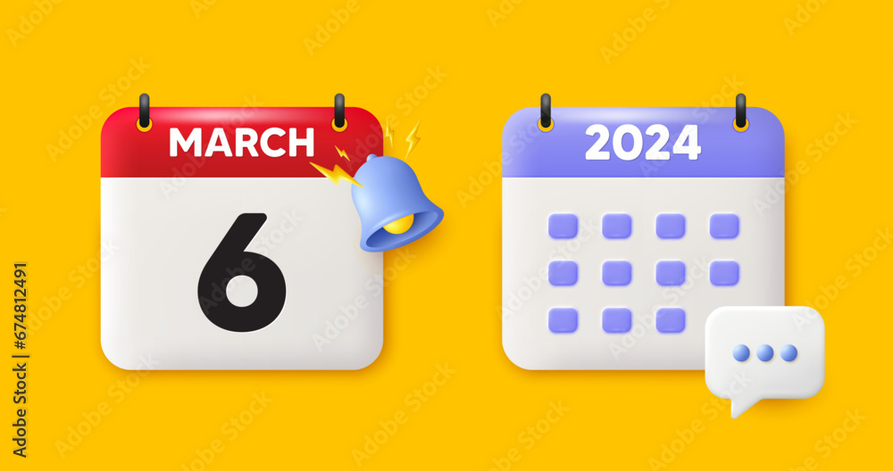 Calendar date 3d icon. 6th day of the month icon. Event schedule date. Meeting appointment time. 6th day of March month. Calendar event reminder date. Vector Calendar date 3d icon. 6th day of the month icon. Event schedule date. Meeting appointment time. 6th day of March month. Calendar event reminder date. Vector