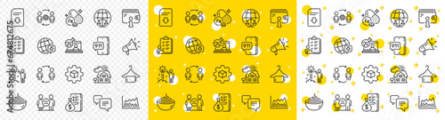 Outline Trade chart, Wallet and Creative idea line icons pack for web with Download file, Dots message, Magistrates court line icon. Iron, Money, Workflow pictogram icon. Megaphone. Vector