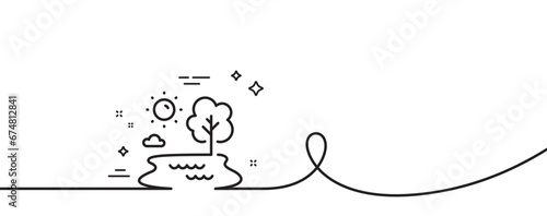 Lake line icon. Continuous one line with curl. Fishing place sign. Pond with tree symbol. Lake single outline ribbon. Loop curve pattern. Vector