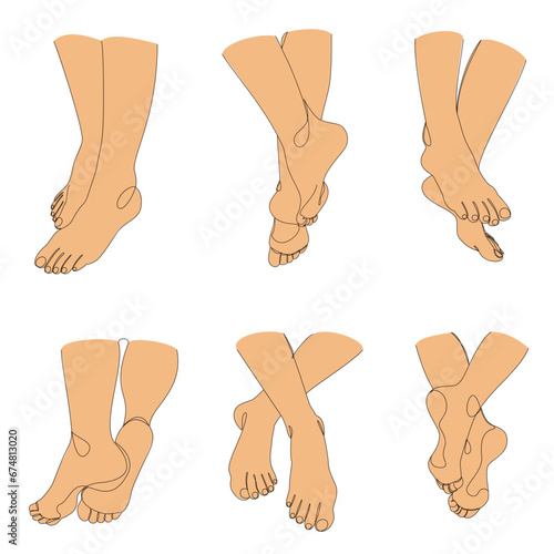 Collection. Silhouettes of human legs, feet in a modern one line style. Continuous line drawing, outline for decoration, posters, wall art, stickers, logo. Vector illustration set.
