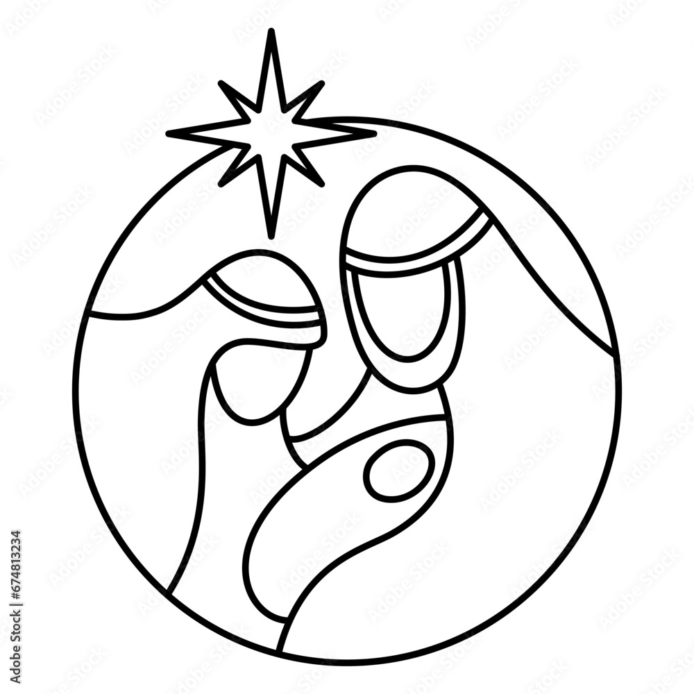 Christmas Vector Christian icon baby Jesus with Joseph and Mary and star. Religious Nativity Scene of round Logo illustration sketch. Doodle hand drawn with black lines isolated on white background