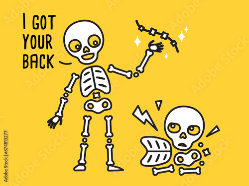 An illustration of a funny skeleton holding the back of another.