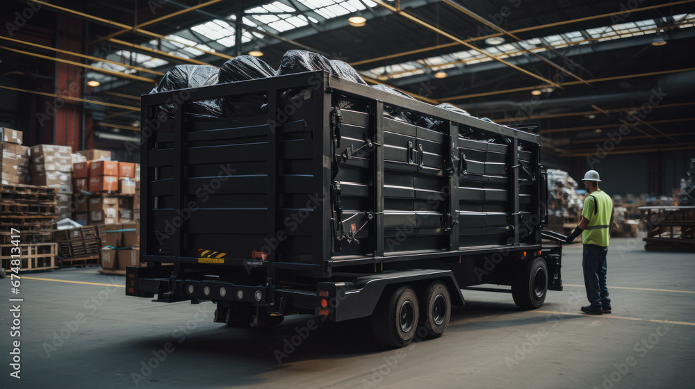 Naklejka premium Black Garbage truck outdoor. Transport for cleaning the city