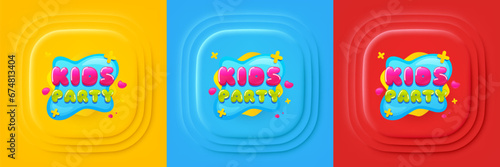 Kids party sticker. Neumorphic offer banner, flyer or poster. Fun playing zone banner. Children games party area icon. Kids party promo event banner. 3d square buttons. Special deal coupon. Vector