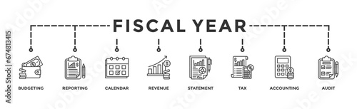 Fiscal year banner web icon vector illustration concept with icon of budgeting, reporting, calendar, revenue, statement, tax, accounting, audit