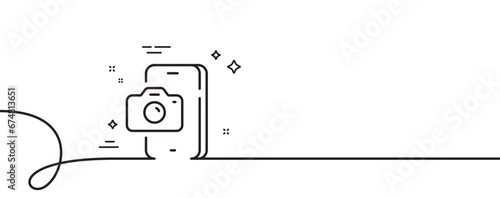 Phone photo line icon. Continuous one line with curl. Smartphone or Cellphone sign. Mobile accessories symbol. Phone photo single outline ribbon. Loop curve pattern. Vector