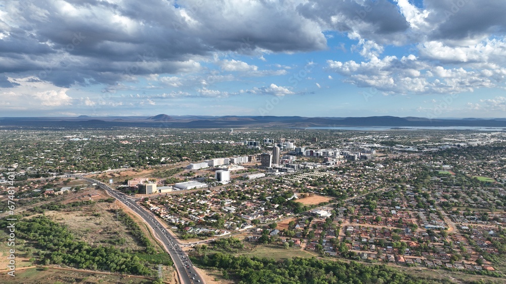 Residential view of houses in phase 2 with the Central Business District CBD in the background, Gaborone, Botswana, Africa