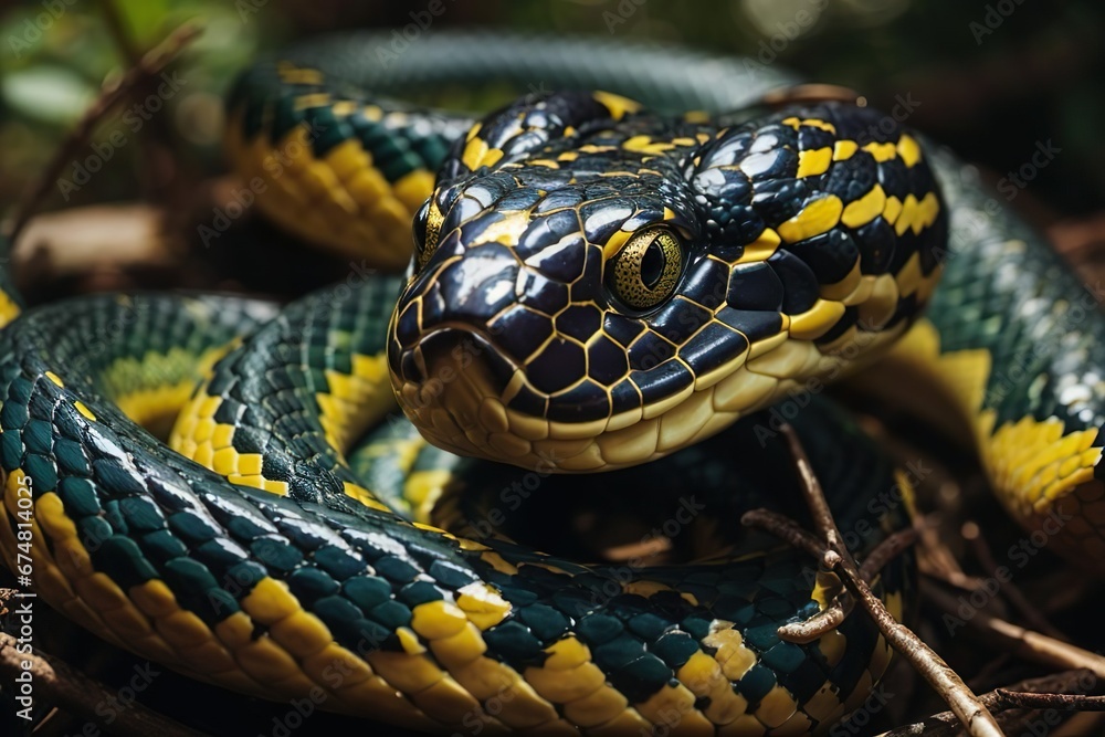close up of a black and yellow snake close up of a black and yellow snake