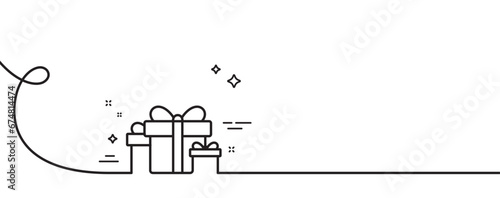 Gift boxes line icon. Continuous one line with curl. Present or Sale sign. Birthday Shopping symbol. Package in Gift Wrap. Holiday presents single outline ribbon. Loop curve pattern. Vector