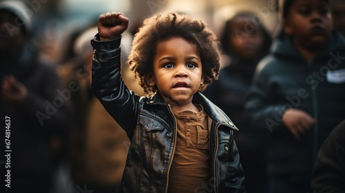 A black child raising a powerful fist. Symbolizing the spirit of protest photo