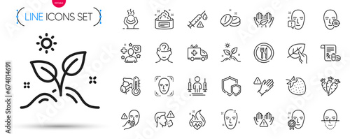 Pack of Coronavirus injections, Grow plant and Skin cream line icons. Include Face detection, Organic tested, Difficult stress pictogram icons. Clean hands, Health skin, Fair trade signs. Vector