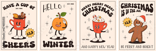Funny Retro cartoon christmas Character in groovy 50s, 60s, 70s Vintage Style. Happy new year mascot with hot coffee, cocoa, gingerbread, cake, cupcake and cookie. Xmas vintage characters.