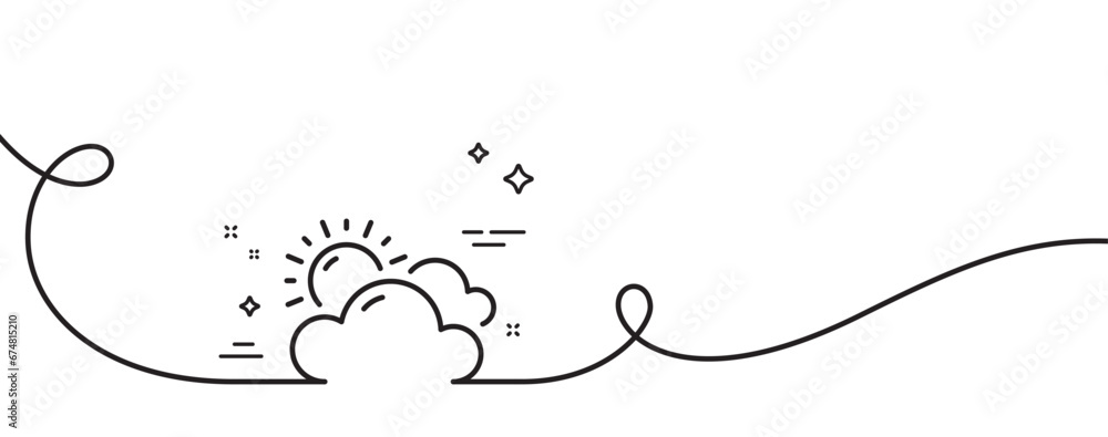 Sunny weather forecast line icon. Continuous one line with curl. Clouds with sun sign. Cloudy sky symbol. Sunny weather single outline ribbon. Loop curve pattern. Vector Sunny weather forecast line icon. Continuous one line with curl. Clouds with sun sign. Cloudy sky symbol. Sunny weather single outline ribbon. Loop curve pattern. Vector