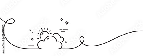 Sunny weather forecast line icon. Continuous one line with curl. Clouds with sun sign. Cloudy sky symbol. Sunny weather single outline ribbon. Loop curve pattern. Vector