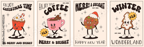 Funny Retro cartoon christmas Character in groovy 50s, 60s, 70s Vintage Style. Happy new year mascot with hot coffee, cocoa, gingerbread, cake, cupcake and cookie. Xmas vintage characters.