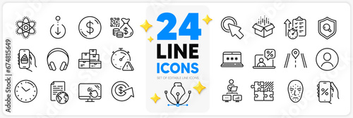 Icons set of Qr code, Work home and Scroll down line icons pack for app with Touch screen, Dollar money, Time thin outline icon. Click here, Face biometrics, Wholesale goods pictogram. Vector