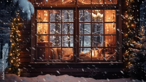 Rustic wooden cabin in the forest with falling snow. Christmas time.
