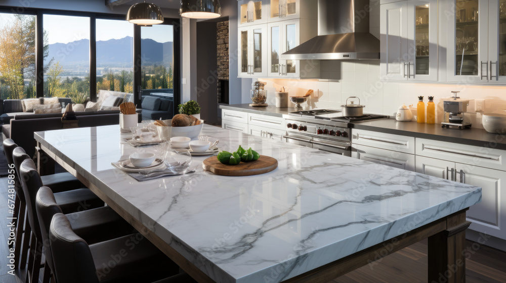 Front view of a modern designer kitchen with smooth handleless cabinets with black edges, black glass appliances, a marble island and marble countertops Front view of a modern designer kitchen with smooth handleless cabinets with black edges, black glass appliances, a marble island and marble countertops