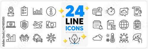 Icons set of Medical tablet, Timer and Globe line icons pack for app with Weather thermometer, Hospital nurse, Calendar thin outline icon. Home facility, Work time, Fingerprint pictogram. Vector