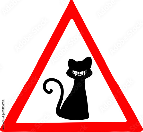 Hand drawn vector drawing, art of red warning road sign with symbol cat. Cartoon style,doodle,black and white,contour, silhouette,triangle,isolated. Halloween, October, holiday,weekend,spooky