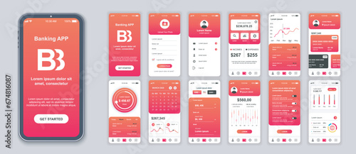 Banking mobile app interface screens template set. Online account, balance, financial management, currency exchange, navigation menu. Pack of UI, UX, GUI kit for application web layout. Vector design.
