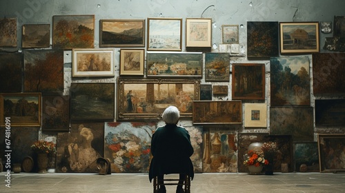 old lady sits in front of wall with paintings in art gallery © artist