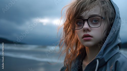 Young girl with wet raincoat on the beach. Loneliness concept.
