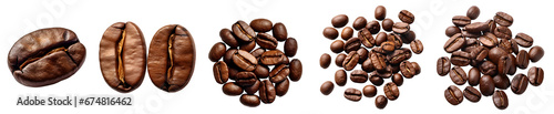 Roasted coffee beans, group stack heap flat lay top view on transparent background cutout, PNG file. Many assorted different design angles. Mockup template for artwork

