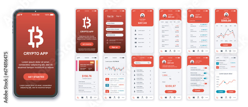 Crypto mobile app interface screens template set. Online account, data analysis, earnings statistics, trading, currency exchange. Pack of UI, UX, GUI kit for application web layout. Vector design.